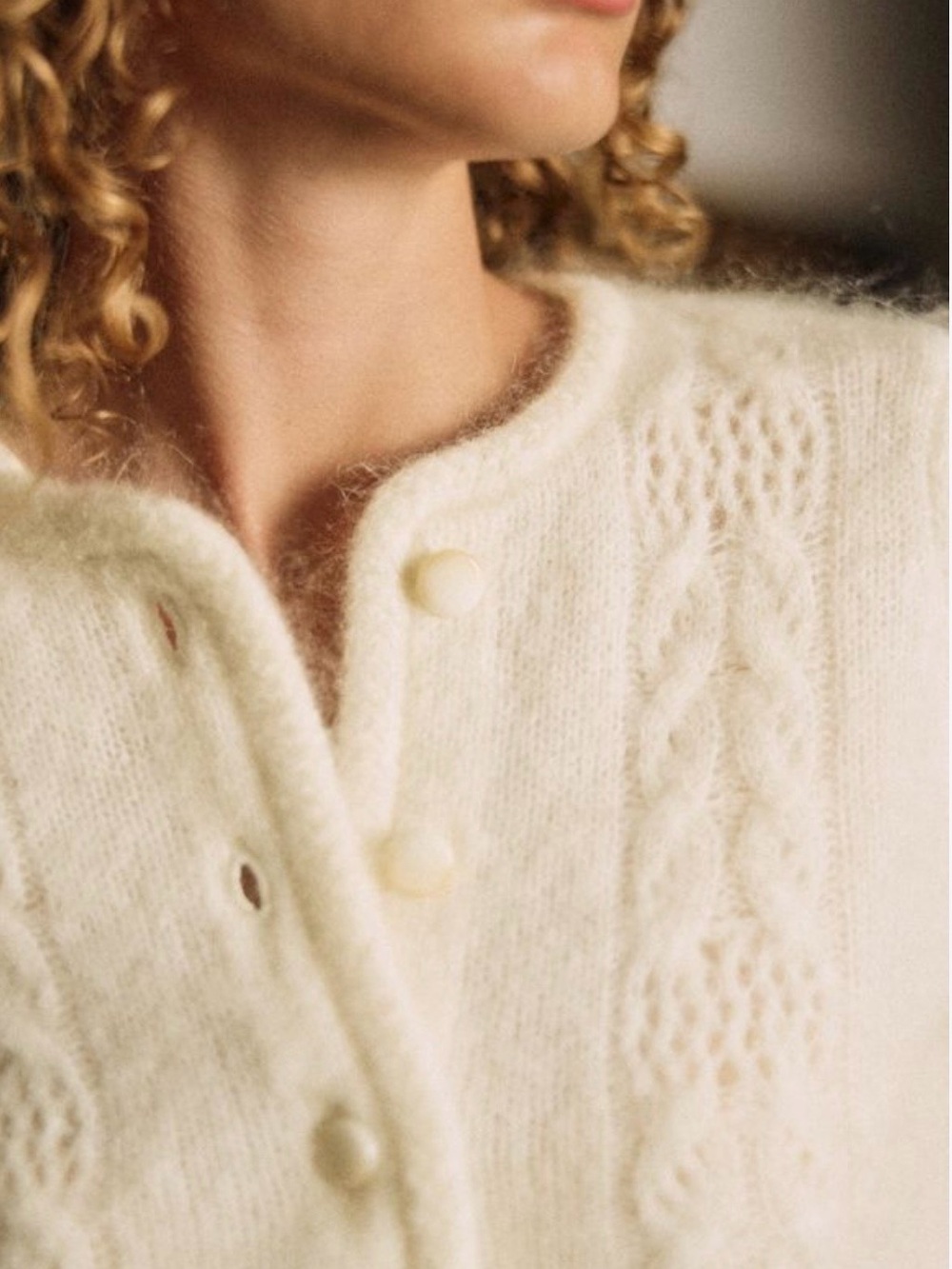 Sezane Evy Cream Fuzzy Cable-Front Button Cardigan in Ecru